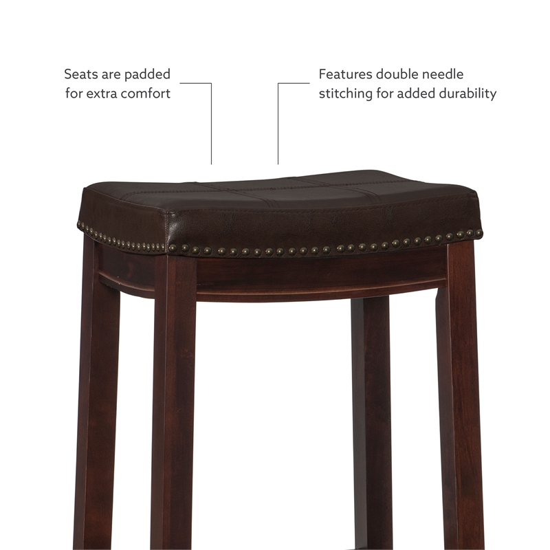 Pemberly Row Three Piece Bar Dining Set Faux Leather Seats in Brown Wood