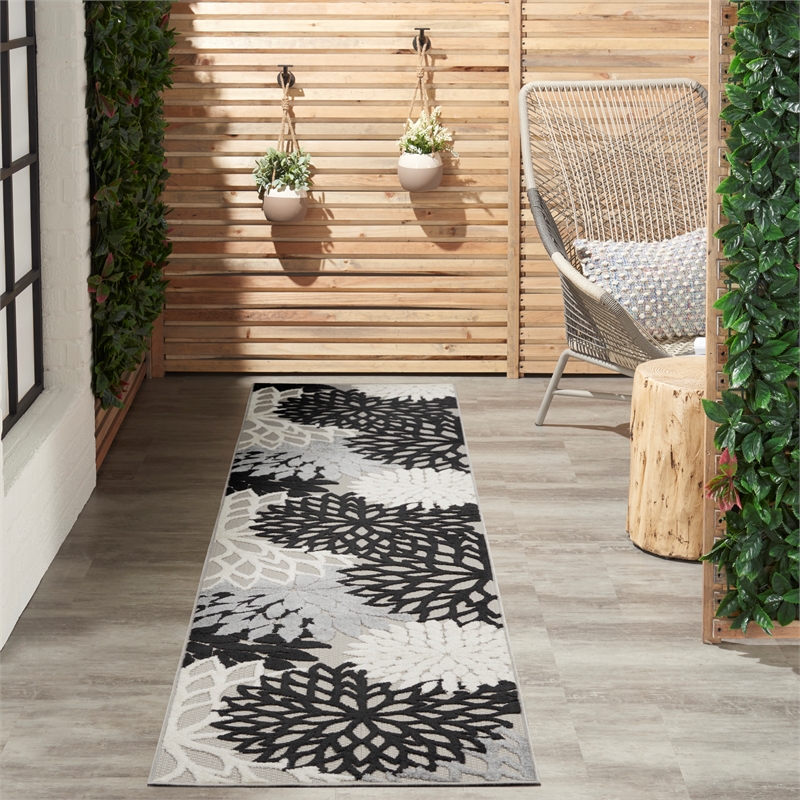 Pemberly Row 10' Runner Black White Fabric Tropical Area Rug (10' Runner)