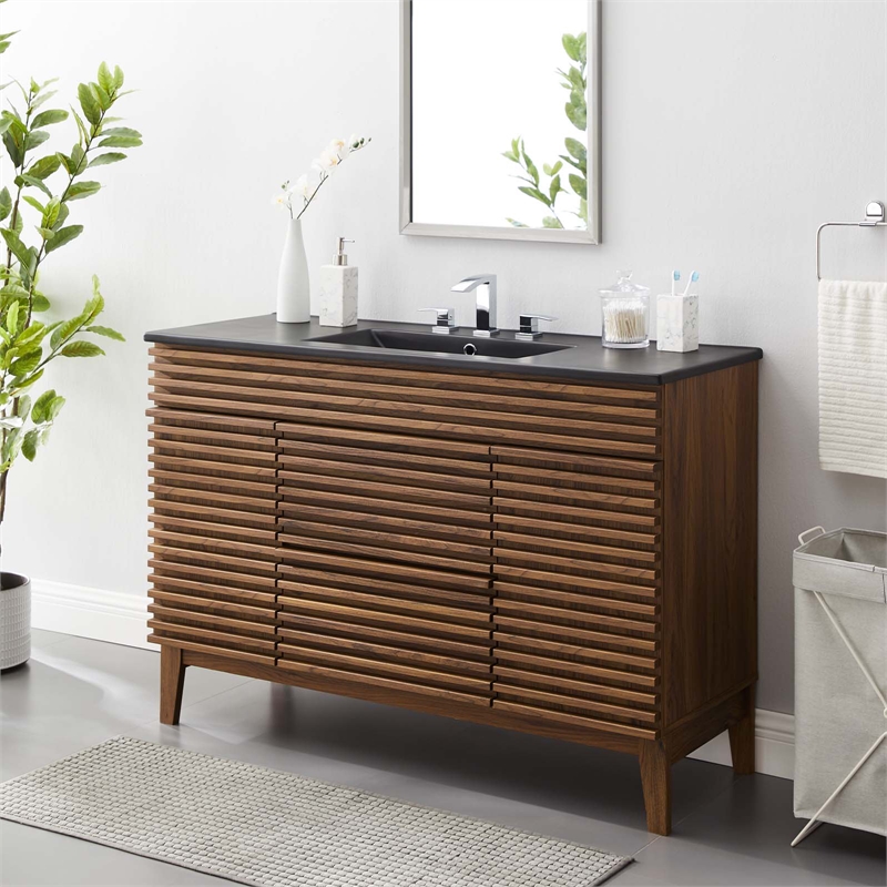 Pemberly Row Modern Wood Single Sink Bathroom Vanity in Walnut/Black