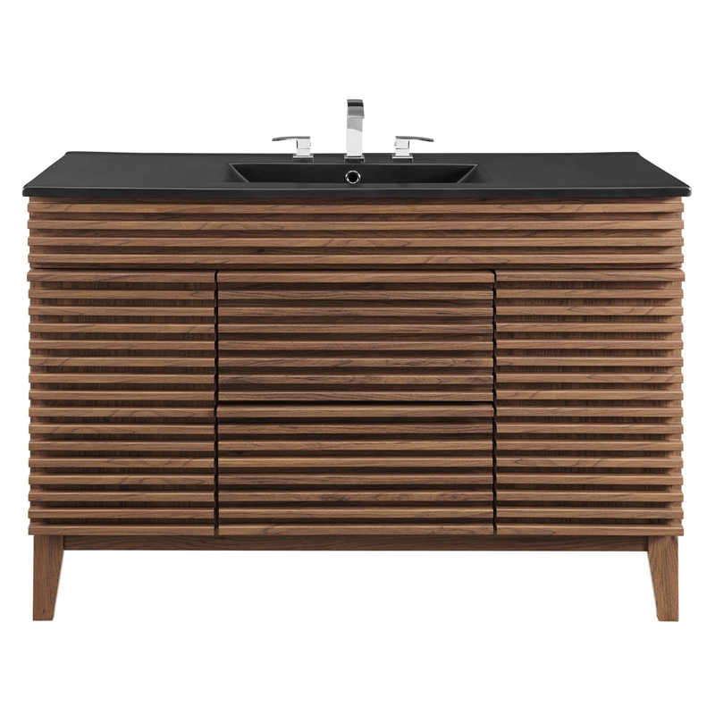 Pemberly Row Modern Wood Single Sink Bathroom Vanity in Walnut/Black