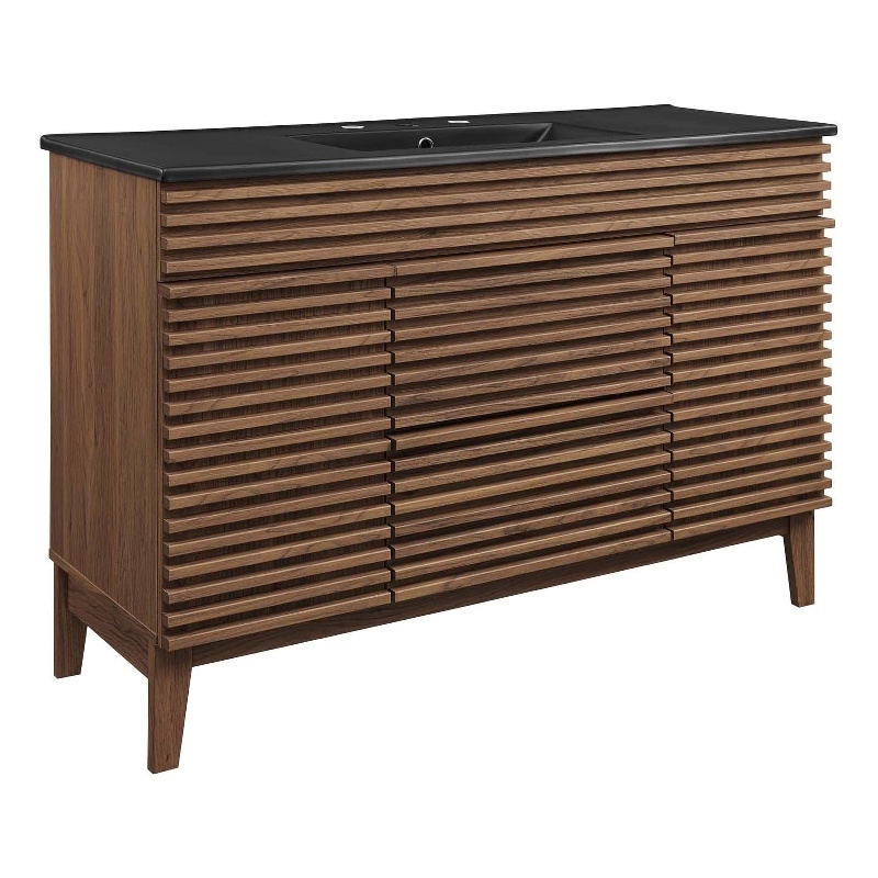 Pemberly Row Modern Wood Single Sink Bathroom Vanity in Walnut/Black