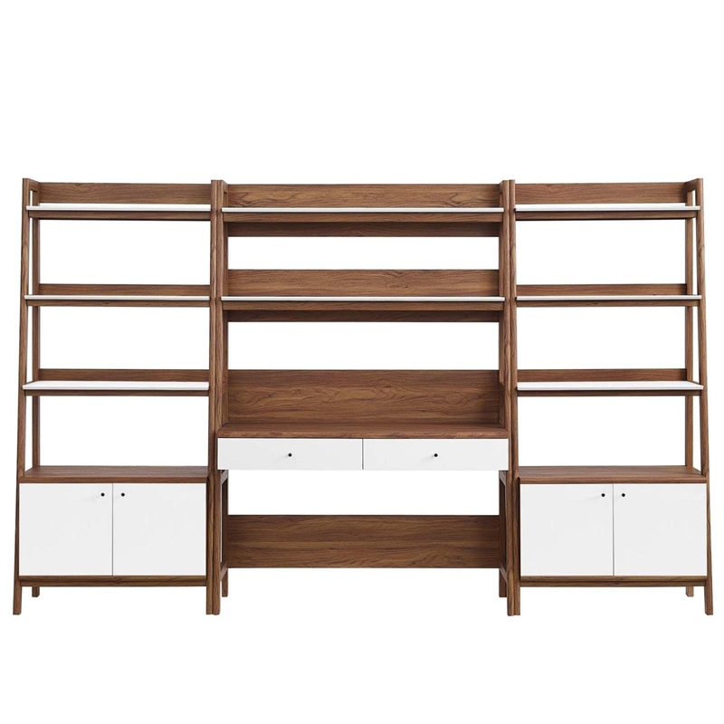 Pemberly Row 3-Piece Wood Office Desk and Bookshelf in Walnut/White