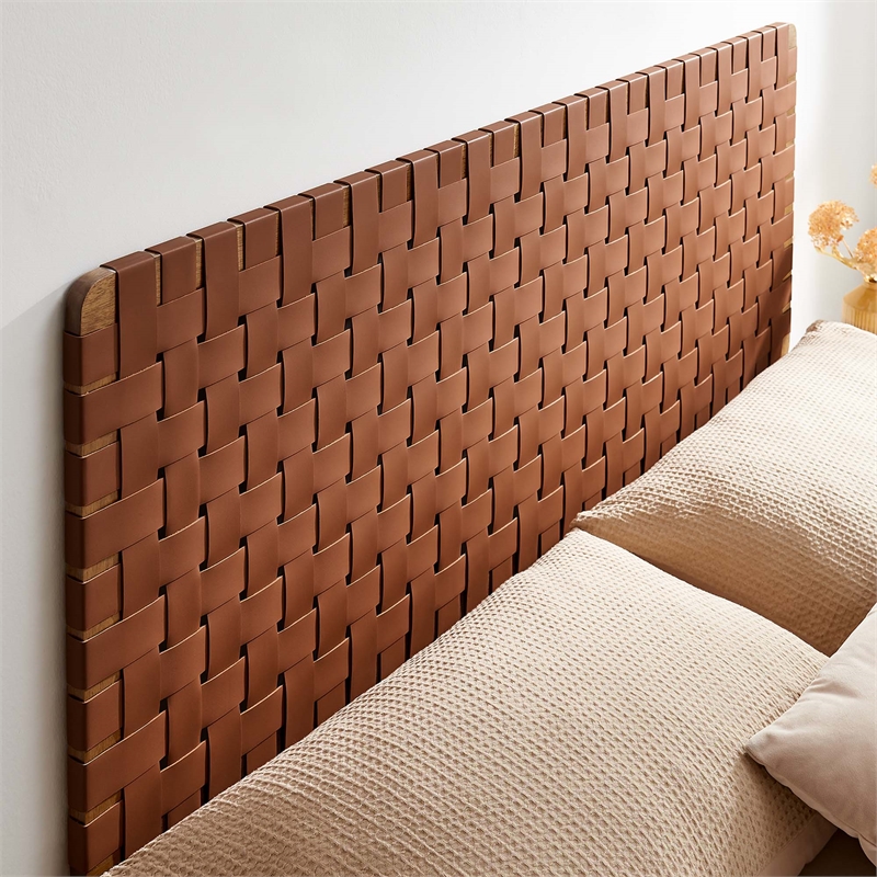 Pemberly Row Weave Wall-Mount Vegan Leather Queen Headboard in Walnut Brown