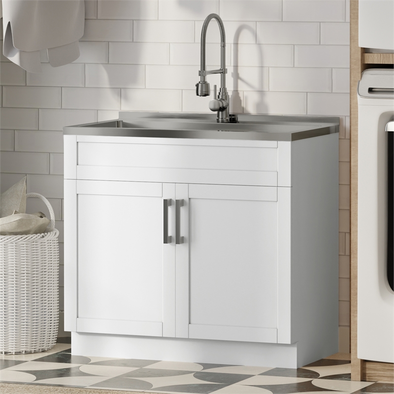 Pemberley Row Melamine Pure White Utility Sink & Cabinet Rectangular Water Resistant 36