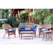 Pemberly Row 5pc Wicker Conversation Set in Honey with Blue Cushions
