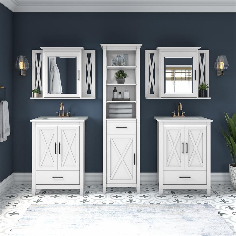 Pemberly Row Engineered Wood Vanity Set with Linen Tower in White Ash