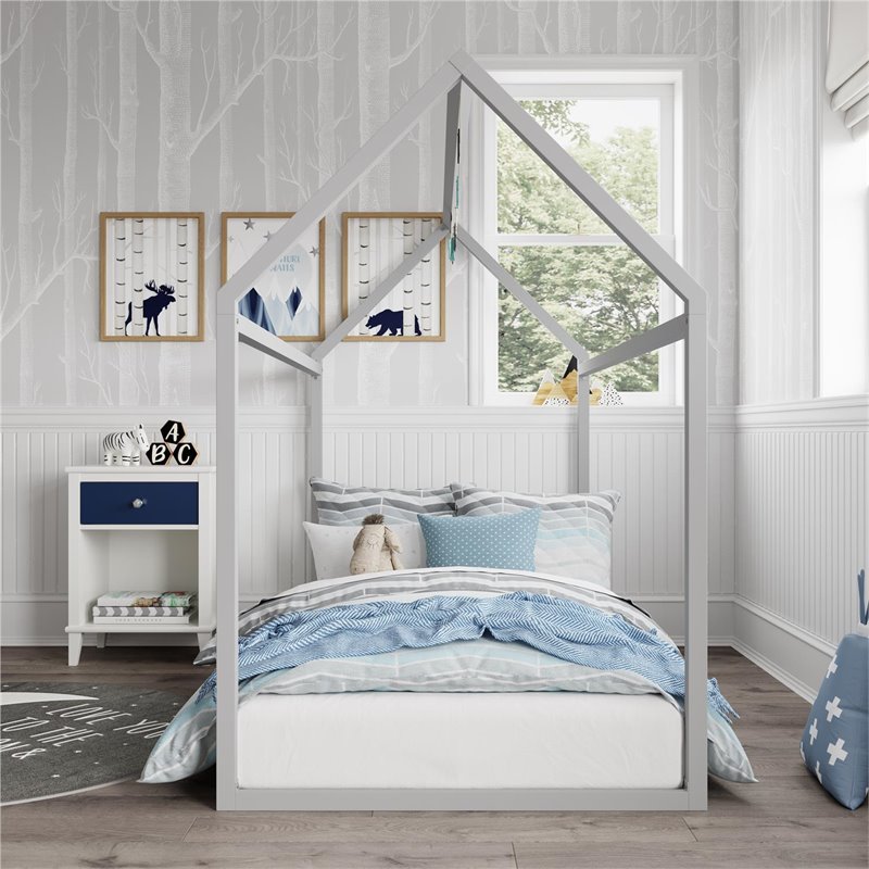 Pemberly Row Contemporary Metal House Bed Twin Size in Dove Gray