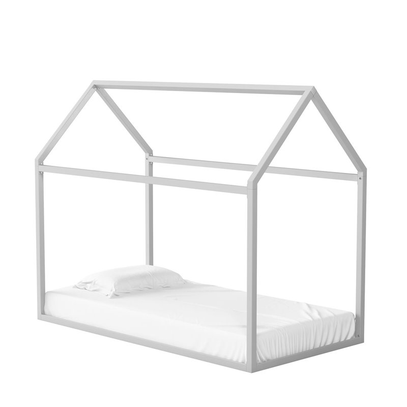 Pemberly Row Contemporary Metal House Bed Twin Size in Dove Gray