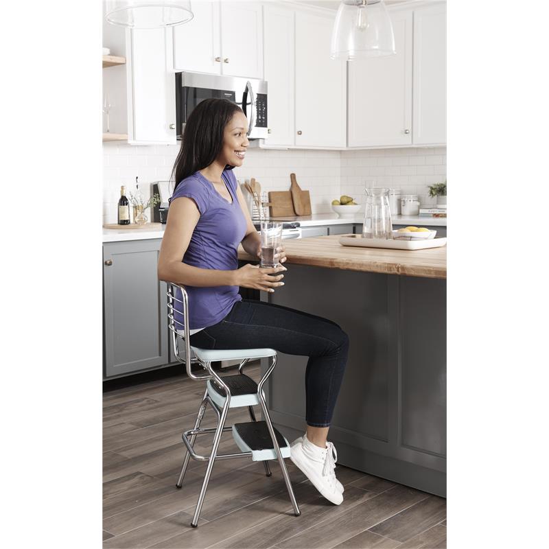 Pemberly Row Retro Chair + Step Stool with Flip-Up Seat in Teal