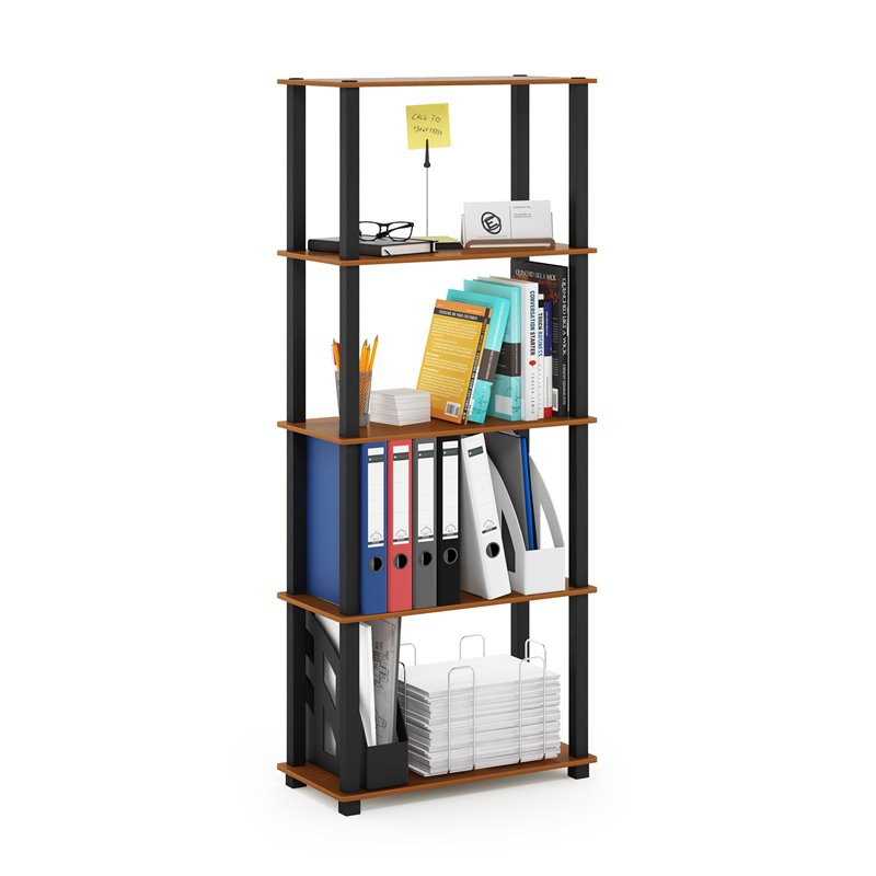 Pemberly Row Turn-S-Tube Wood 5-Tier Shelf Display Rack in Light Cherry/Black