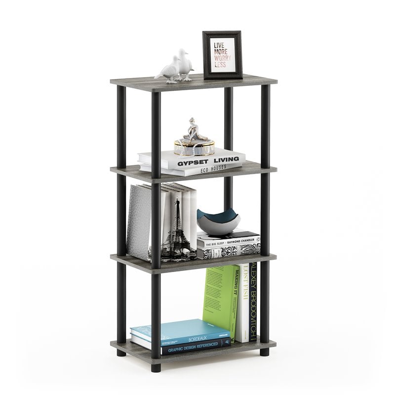 Pemberly Row Wood No Tool 4-Tier Storage Shelf in French Oak Gray/Black