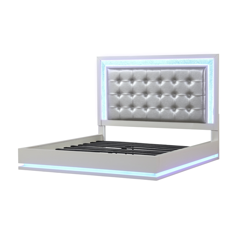 Pemberly Row Contemporary LED King Bed Made with Wood in Milky White