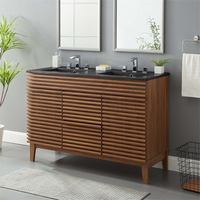 Pemberly Row Modern Wood Double Sink Bathroom Vanity in Walnut/Black