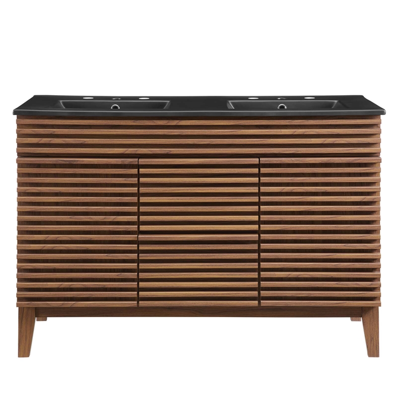 Pemberly Row Modern Wood Double Sink Bathroom Vanity in Walnut/Black