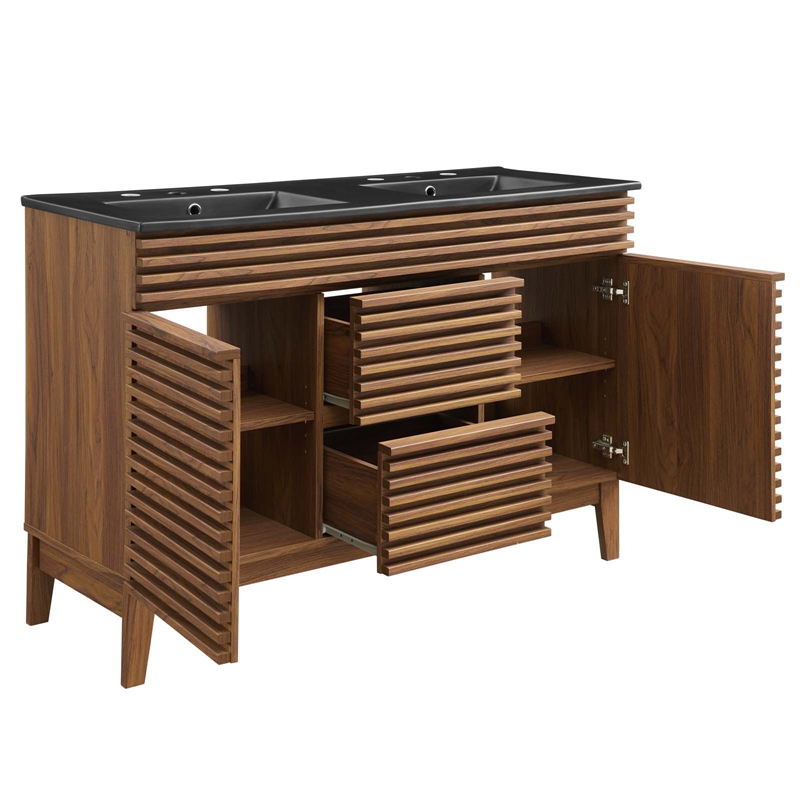 Pemberly Row Modern Wood Double Sink Bathroom Vanity in Walnut/Black