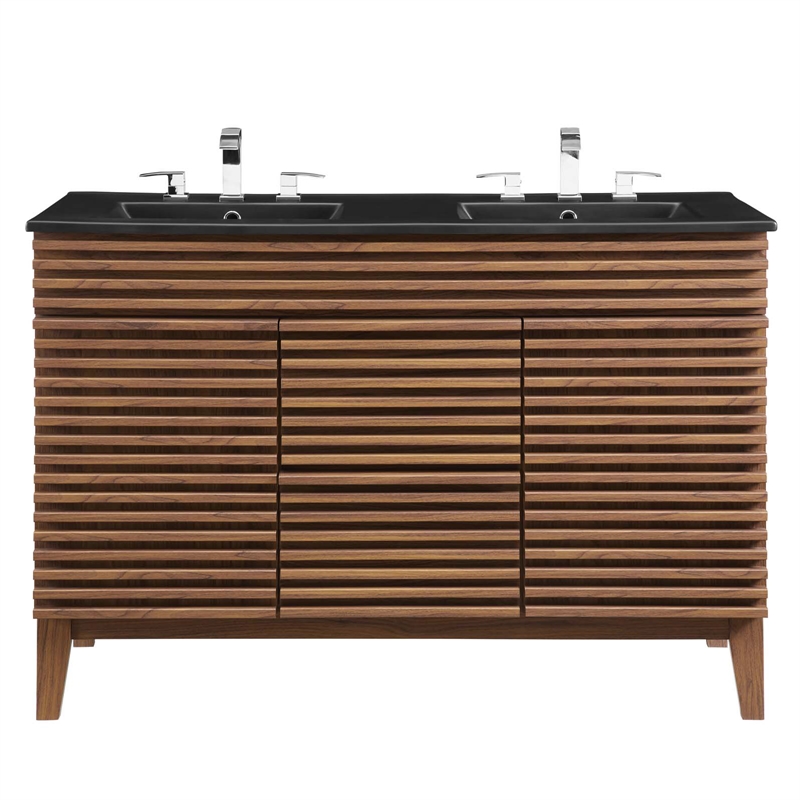 Pemberly Row Modern Wood Double Sink Bathroom Vanity in Walnut/Black