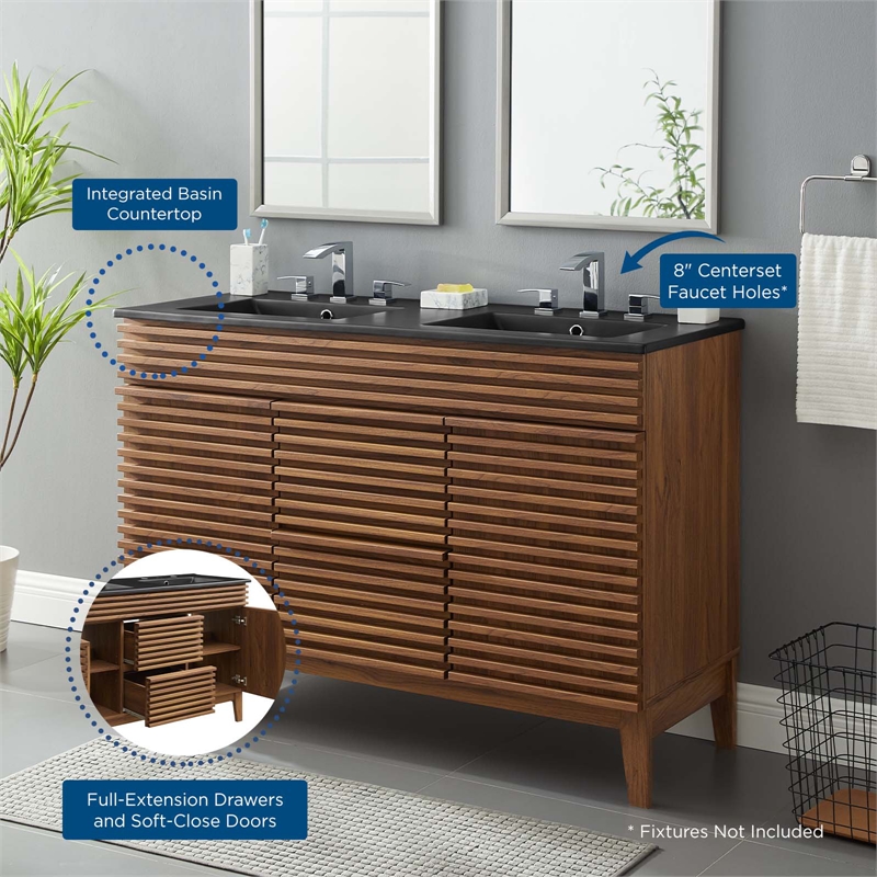 Pemberly Row Modern Wood Double Sink Bathroom Vanity in Walnut/Black