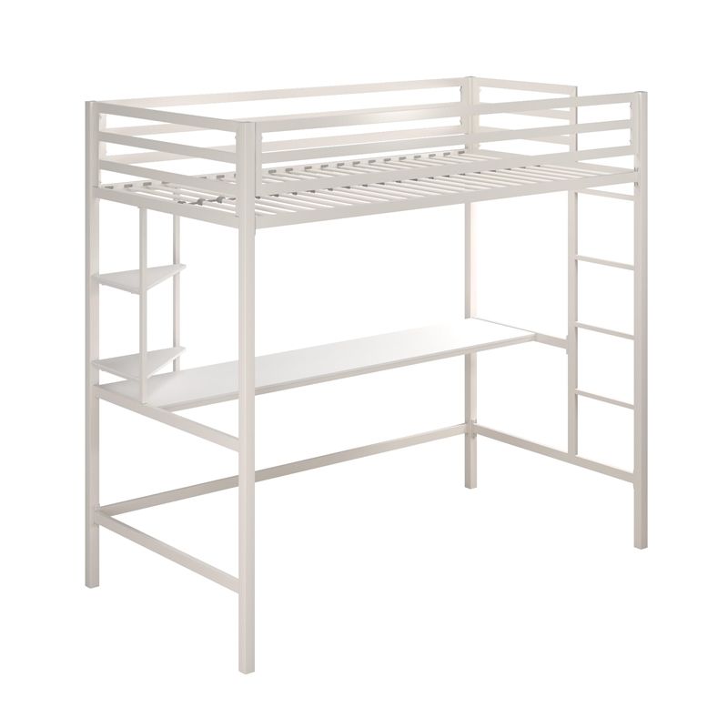 Pemberly Row Contemporary Metal Twin Loft Bed with Desk in Off White