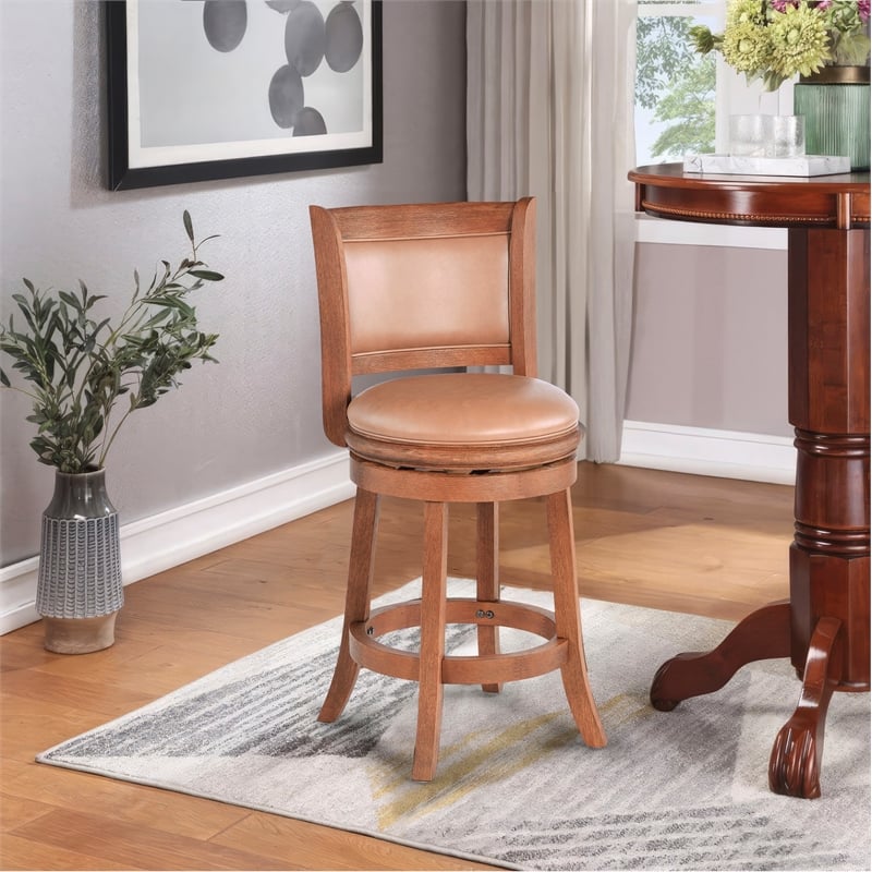 Pemberly Row Wood & Faux Leather Swivel Counter Stool in Chestnut/Brown