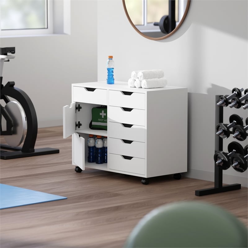 Pemberly Row 6-Drawer Engineered Wood Mobile Storage Cabinet in Crisp White