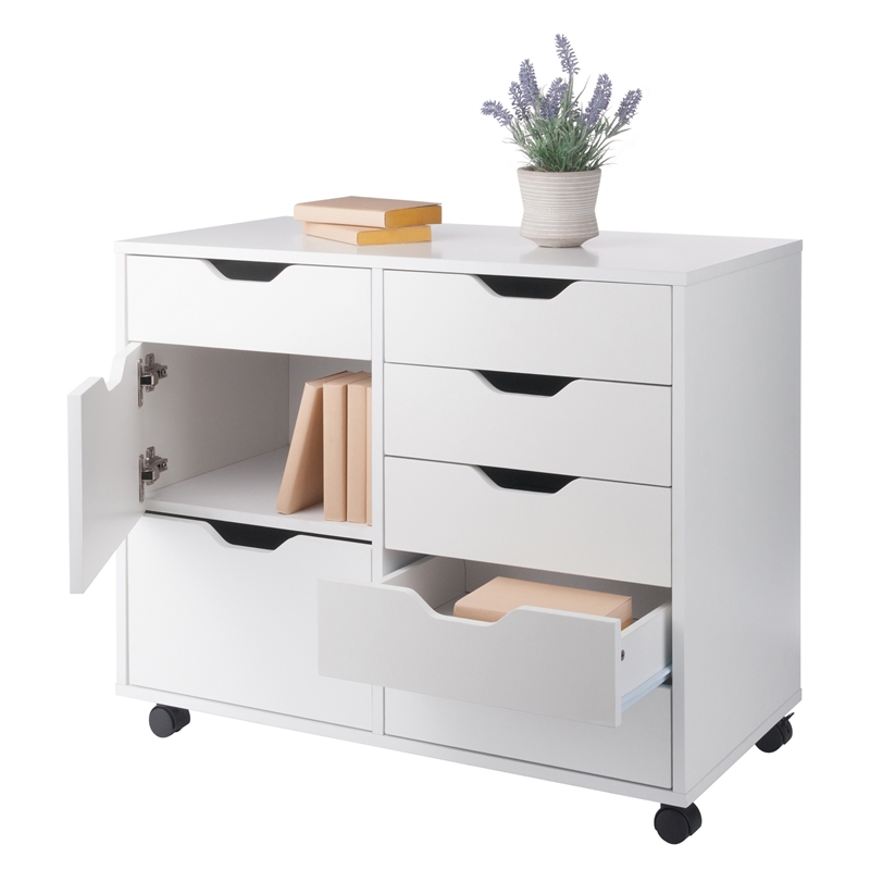 Pemberly Row 6-Drawer Engineered Wood Mobile Storage Cabinet in Crisp White