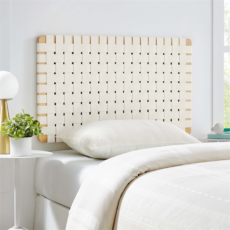 Pemberly Row Weave Wall-Mount Vegan Leather Twin Headboard in Natural Beige