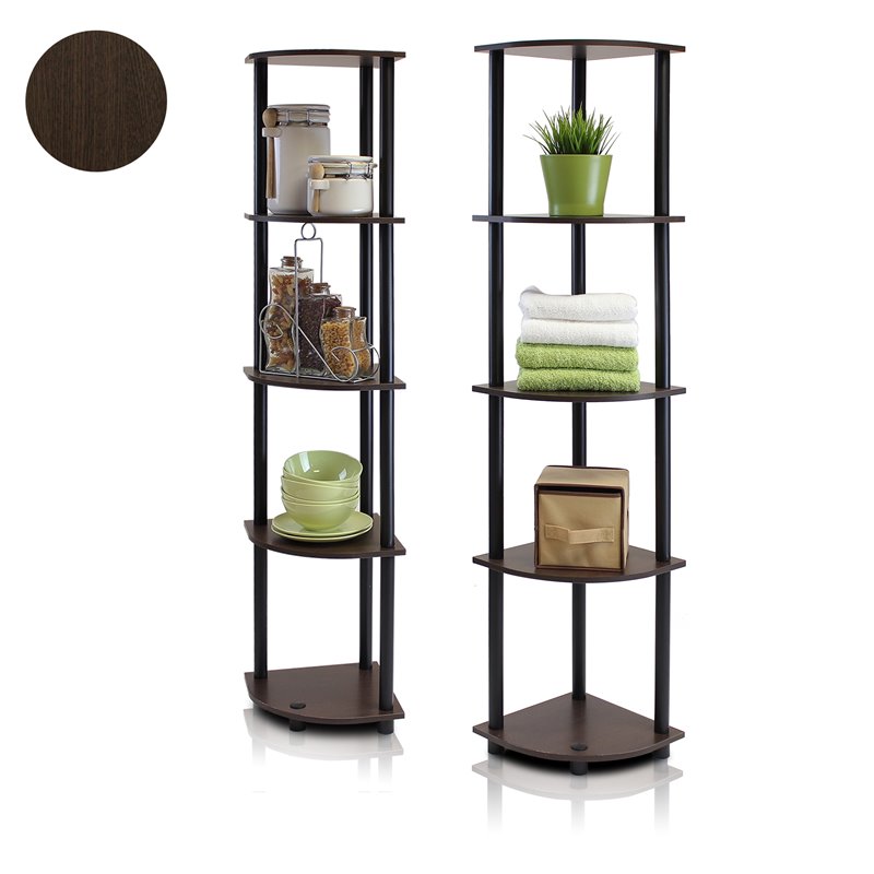 Pemberly Row Wood 5-Tier Display Shelves in Dark Brown/Black (Set of 2)