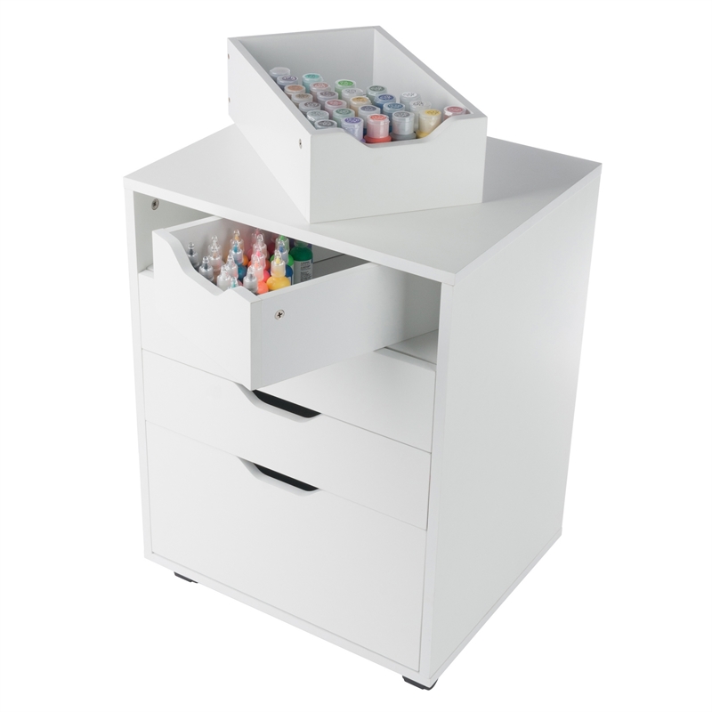 Pemberly Row Bins and Drawers Storage Mobile Cabinet White Finish
