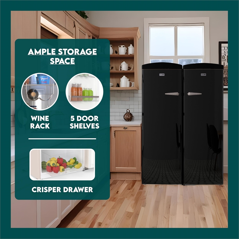 Pemberly Row Contemporary Retro Refrigerator-Freezer Set in Black