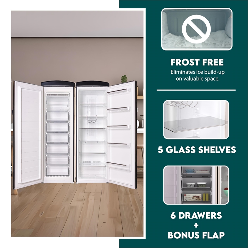 Pemberly Row Contemporary Retro Refrigerator-Freezer Set in Black