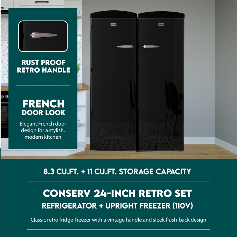 Pemberly Row Contemporary Retro Refrigerator-Freezer Set in Black