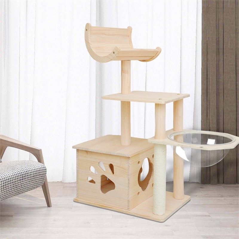 Pemberly Row Solid Wood Cat Tower Cat Tree Cat Condo With Space Capsule Nest