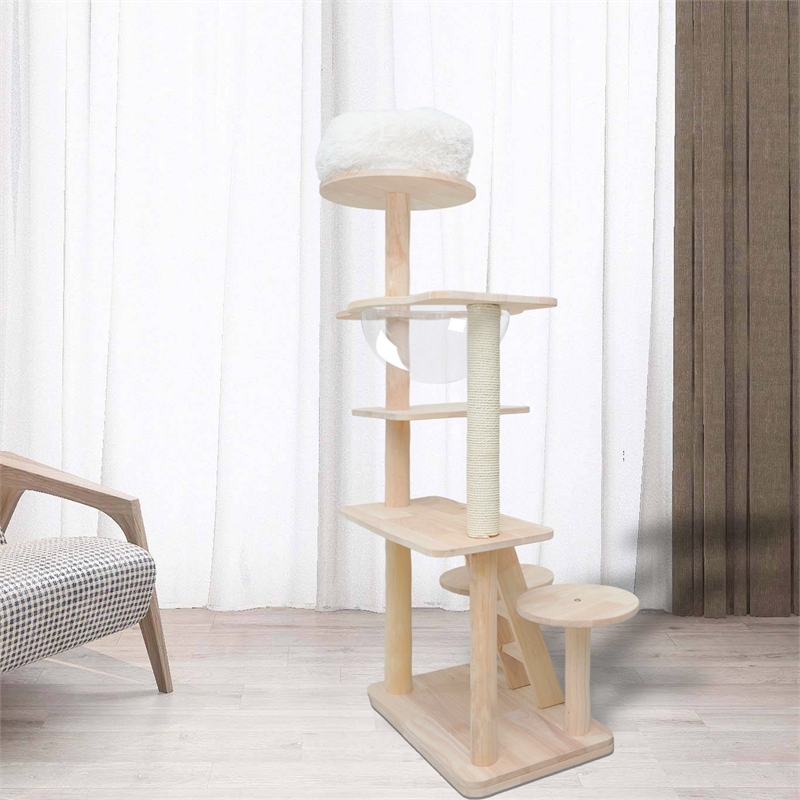 Pemberly Row Oaken Cat Tower Cat Tree Cat Condo With Space Capsule Nest