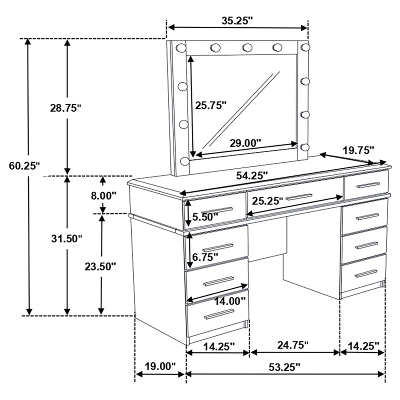 Pemberly Row 9-drawer Wood Vanity Desk with Lighted Mirror Glossy White