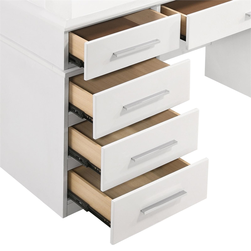 Pemberly Row 9-drawer Wood Vanity Desk with Lighted Mirror Glossy White