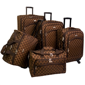 Pemberly Row Traditional Polyester 5-Piece Spinner Luggage Set in Brown