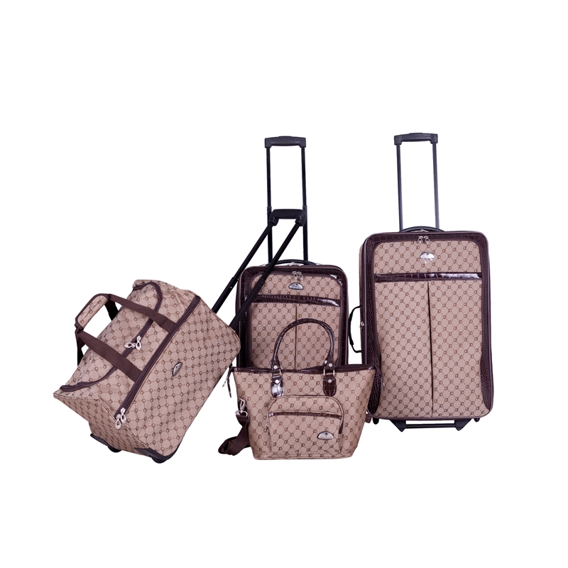 Pemberly Row Traditional Polyester 4-Piece Luggage Set in Brown
