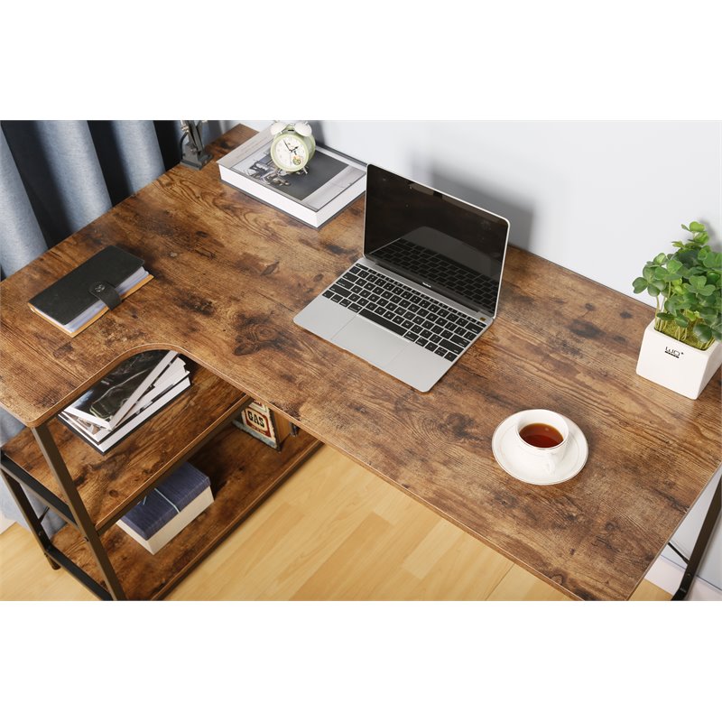 Pemberly Row Corner Writing/Computer Desk with Build-in Bookcase in Rustic Brown