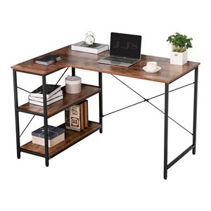 Pemberly Row Corner Writing/Computer Desk with Build-in Bookcase in Rustic Brown