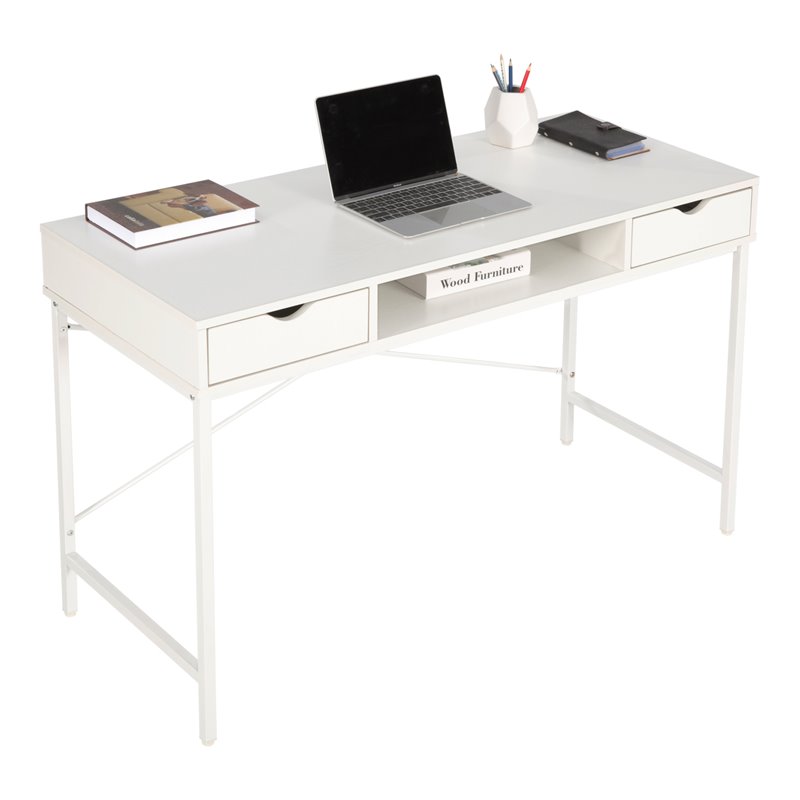 Pemberly Row Wood & Metal Writing/Computer Desk with Drawers in White