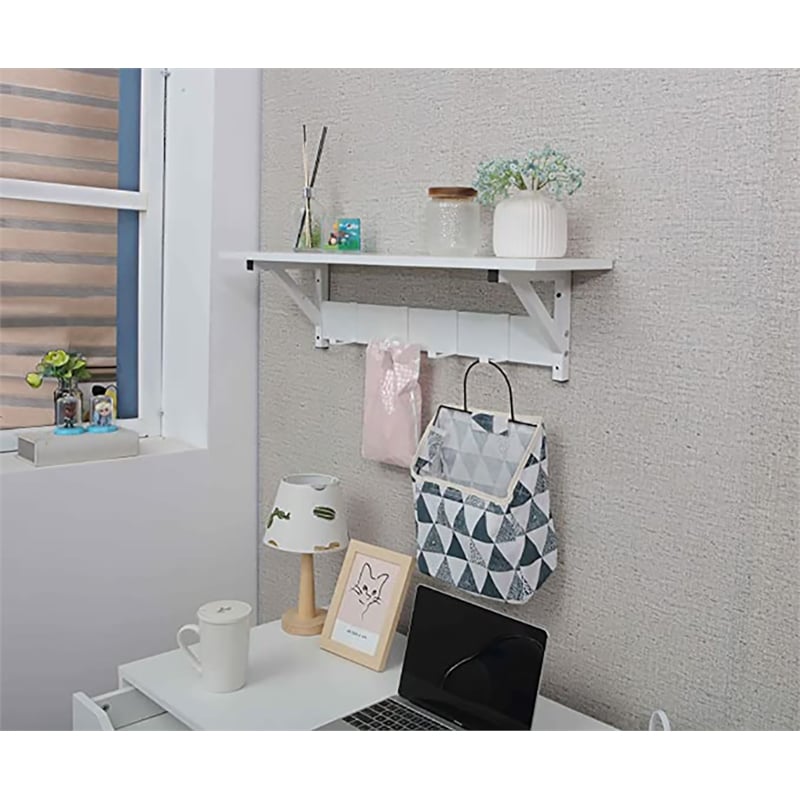 Pemberly Row Wood/Floating Shelf with Coat Hooks Key Holder in White (Set of 3)