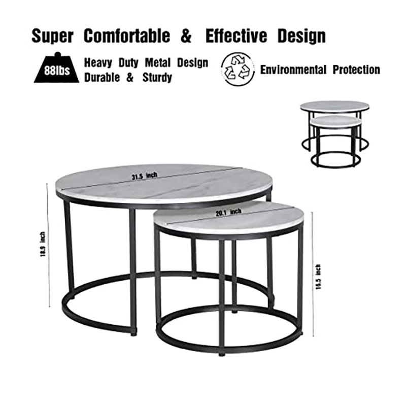 Pemberly Row Round Wood/Metal Nesting Coffee Table in Marble/Black (Set of 2)