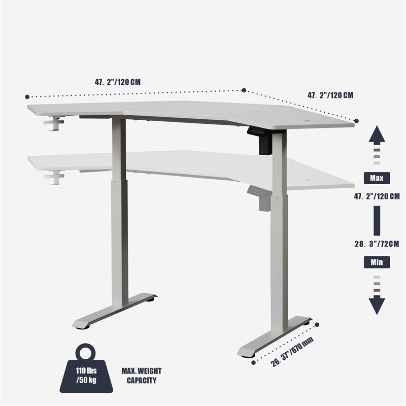 Pemberly Row Corner Electric Height Adjustable Wood Standing Desk in White