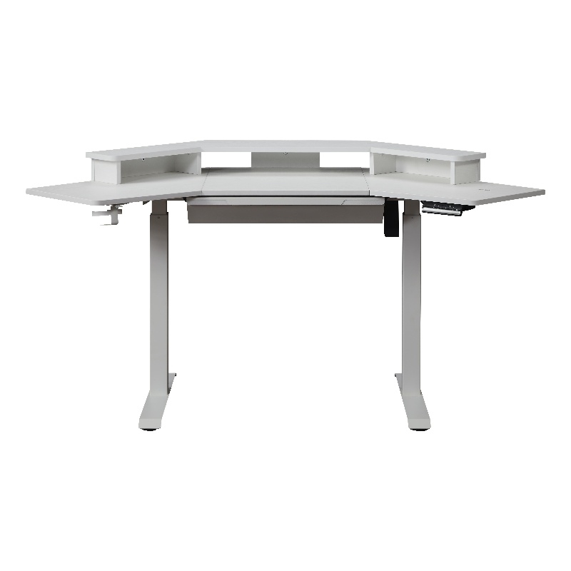Pemberly Row Corner Electric Wood Standing Desk with Hutch and Drawer in White