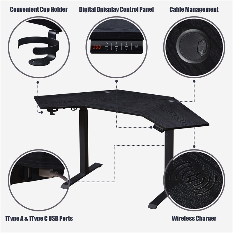 Pemberly Row Corner Electric Height Adjustable Wood Standing Desk in Black