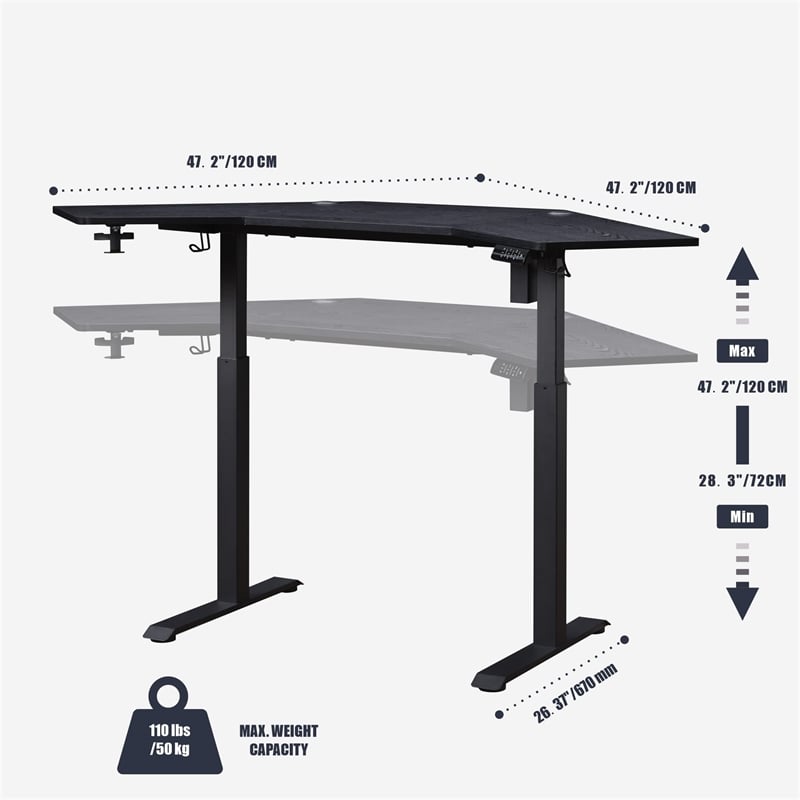 Pemberly Row Corner Electric Height Adjustable Wood Standing Desk in Black
