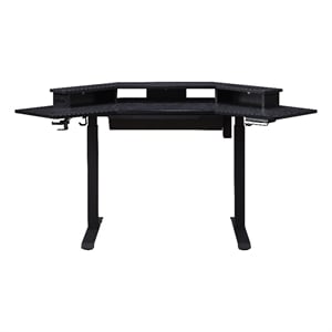 Pemberly Row Corner Electric Wood Standing Desk with Hutch and Drawer in Black