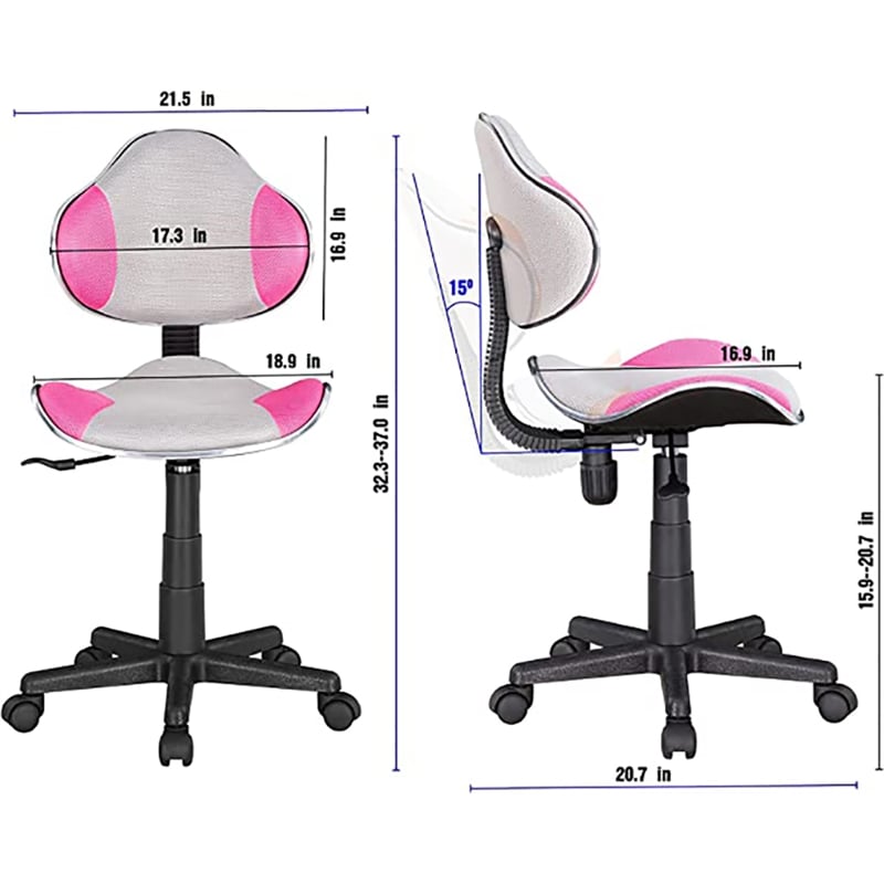 Pemberly Row Low Back Computer Executive Chair w/ Large Base & Pads in Pink/Gray
