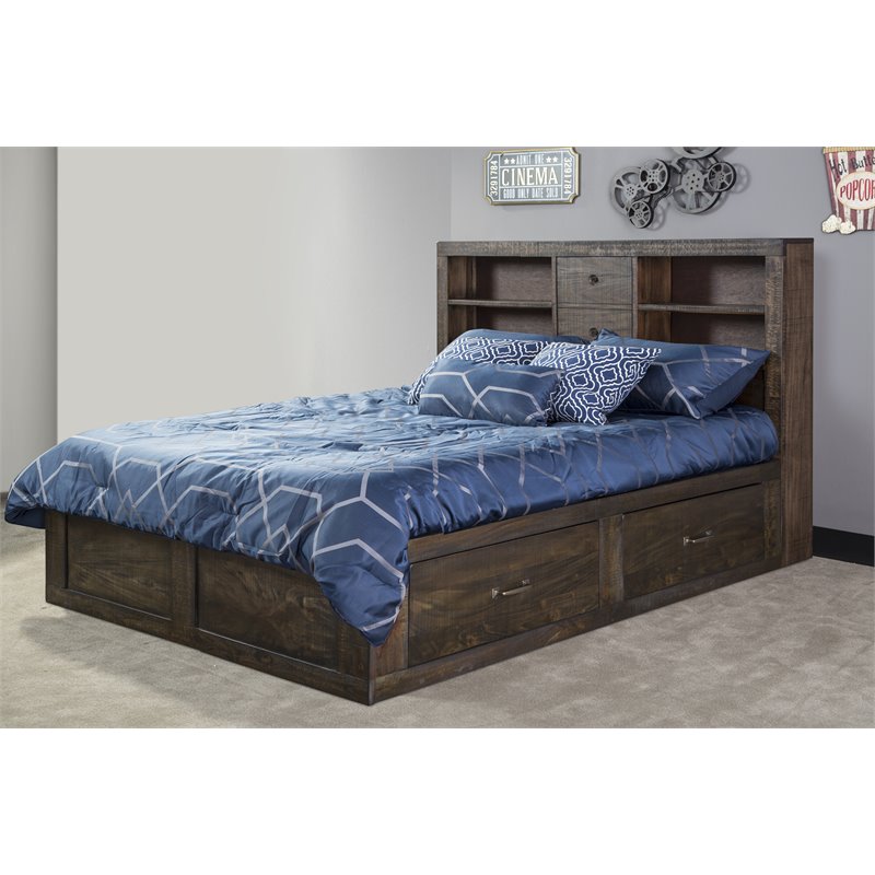 Pemberly Row Flex Life Bookcase Storage Queen Bed in Tobacco Leaf