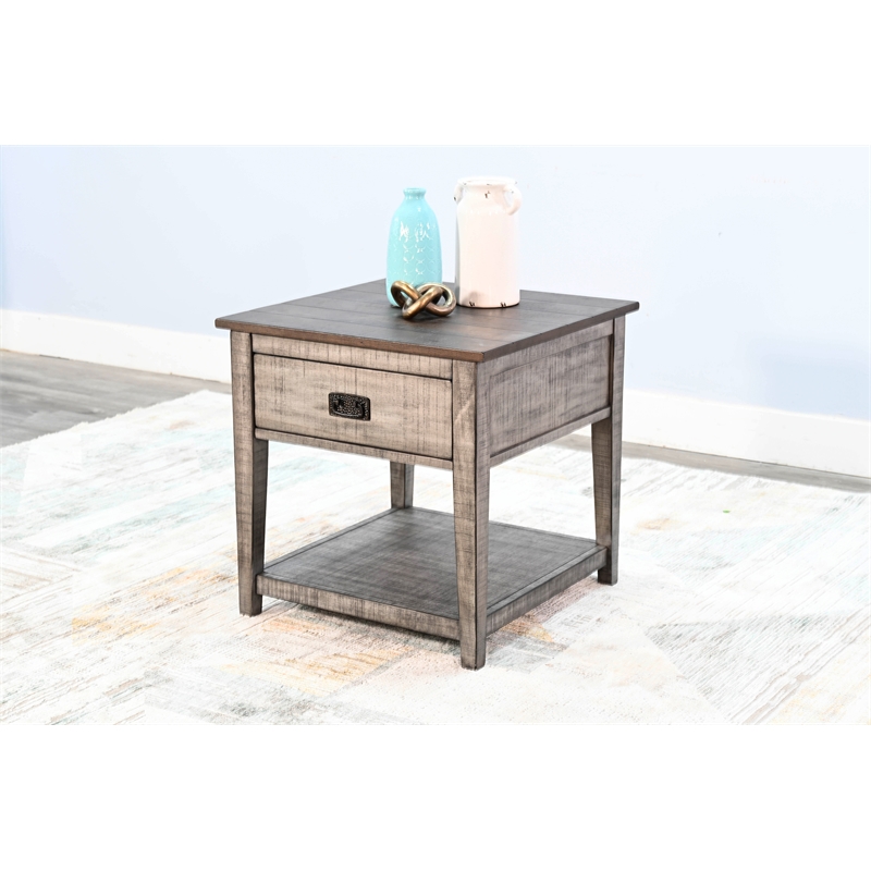 Pemberly Row Rustic Two-Tone End Table with Drawer and Open Shelf